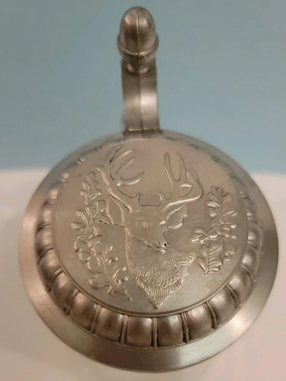 German Vintage Glass Beer Stein Pewter Lid- White Enameked Deer/ Stsg Motif